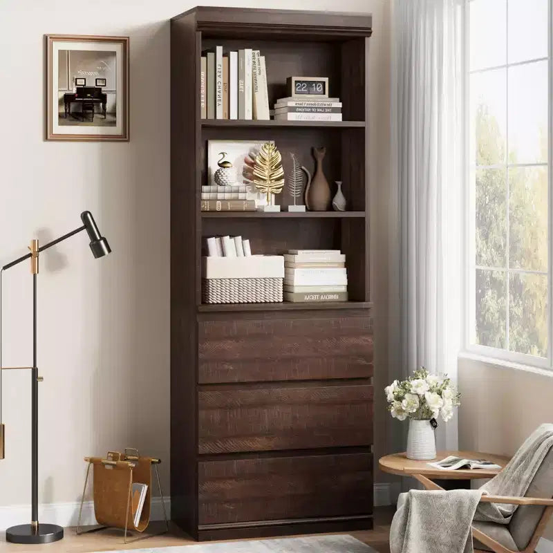 70 Libreria con cassetti, libreria alta in stile rustico, librerie in legno profonde, mobile contenitore per soggiorno, studio, ufficio domestico