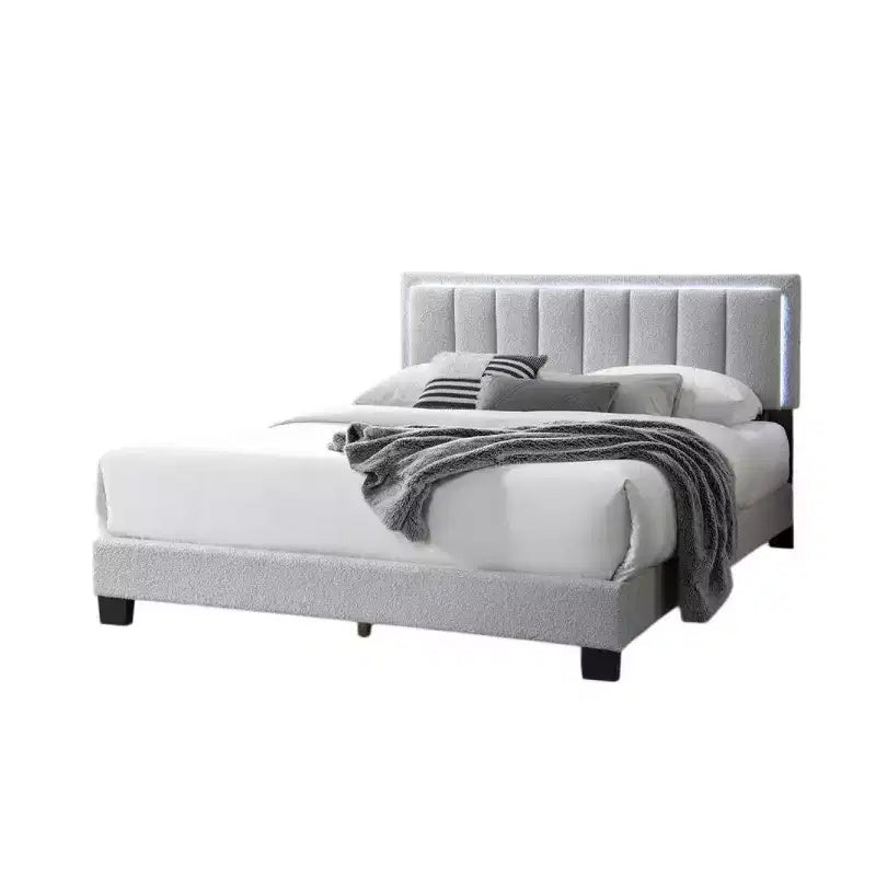 Letto matrimoniale Royal Hampton, testiera a LED, rivestimento in lana grigio chiaro trapuntata