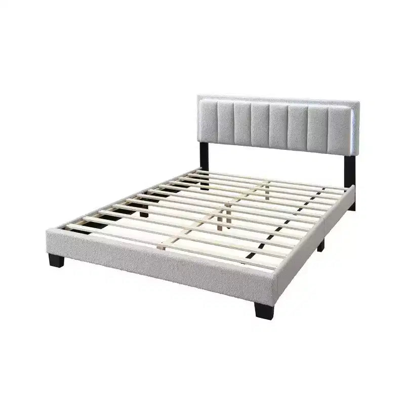 Letto matrimoniale Royal Hampton, testiera a LED, rivestimento in lana grigio chiaro trapuntata