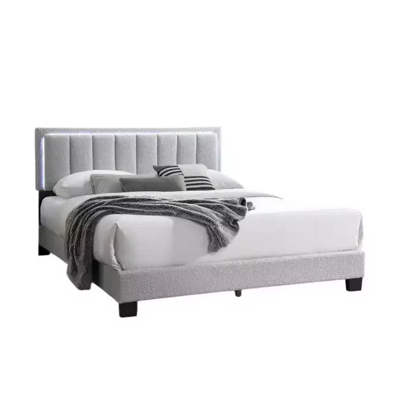 Letto matrimoniale Royal Hampton, testiera a LED, rivestimento in lana grigio chiaro trapuntata