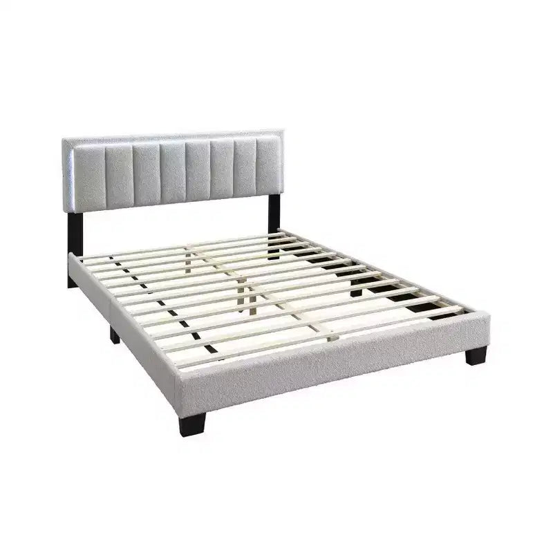 Letto matrimoniale Royal Hampton, testiera a LED, rivestimento in lana grigio chiaro trapuntata