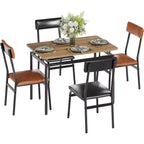 Dining Table Set for 4, 5 Piece Wooden Dining Table and Chairs, 4 PU Upholstered Chair, Brown + Black