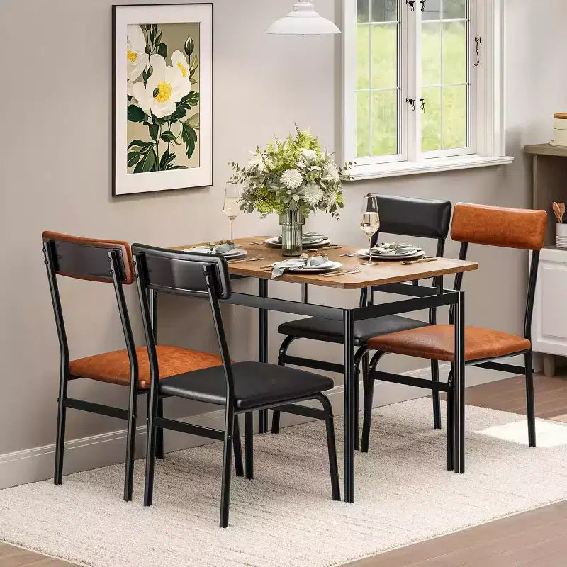 Set tavolo da pranzo per 4 persone, tavolo e sedie da pranzo in legno da 5 pezzi, 4 sedie imbottite in PU, marrone + nero