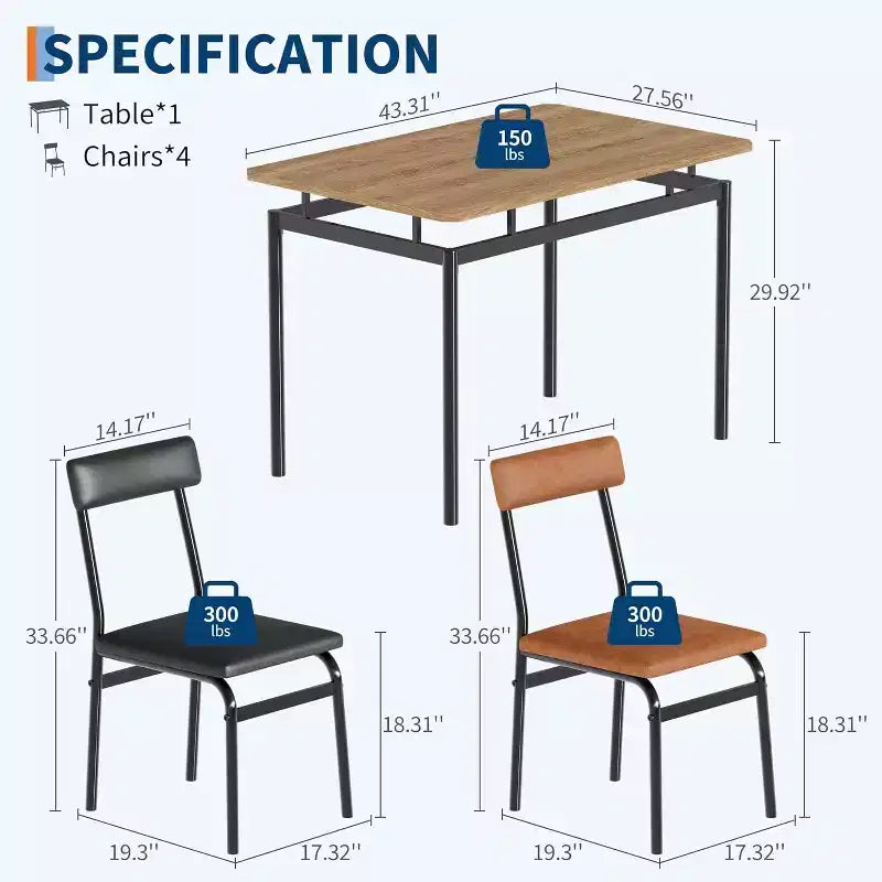Set tavolo da pranzo per 4 persone, tavolo e sedie da pranzo in legno da 5 pezzi, 4 sedie imbottite in PU, marrone + nero