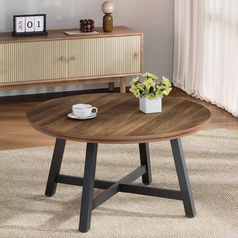 Tavolino Rotondo, Tavolino Centrale da 91 cm, Tavolino Accent Table con Gambe Spesse Regolabili e Venatura del Legno Progettata, Mobili da Soggiorno