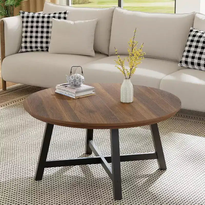 Tavolino Rotondo, Tavolino Centrale da 91 cm, Tavolino Accent Table con Gambe Spesse Regolabili e Venatura del Legno Progettata, Mobili da Soggiorno