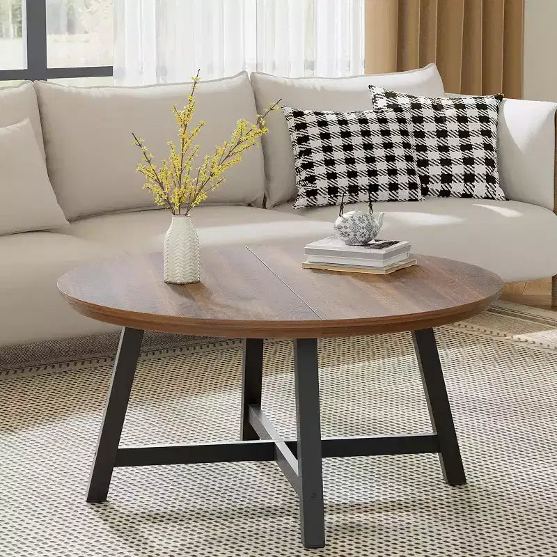 Tavolino Rotondo, Tavolino Centrale da 91 cm, Tavolino Accent Table con Gambe Spesse Regolabili e Venatura del Legno Progettata, Mobili da Soggiorno