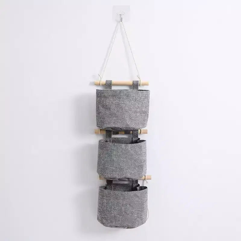 Alilang 3-Piece Hanging Wall Organizer Set with Wooden Rods and Fabric Pockets 5.5x7x3.5in- Gray