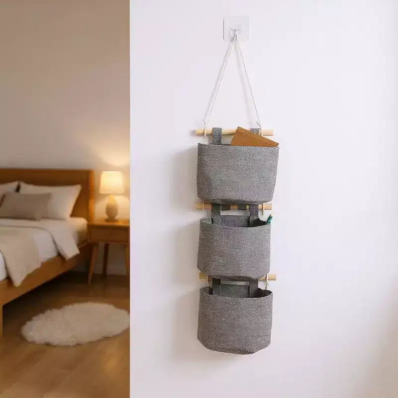 Alilang Set di 3 Organizer Pensili da Parete con Aste in Legno e Tasche in Tessuto 5.5x7x3.5in - Grigio