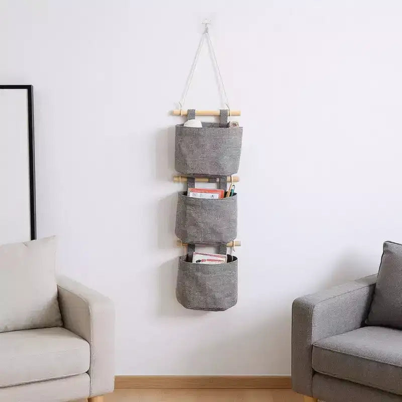 Alilang Set di 3 Organizer Pensili da Parete con Aste in Legno e Tasche in Tessuto 5.5x7x3.5in - Grigio