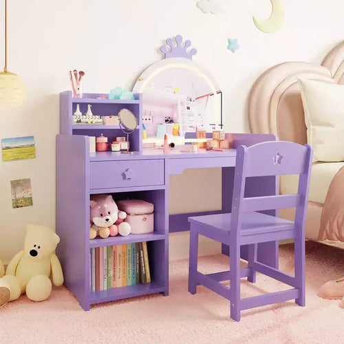 2-in-1 Kids Vanity Set with Lighted Mirror, Princess Vanity Table & Chair, Includes Open Bookshelf, Storage Cabinet & Shelves for Toddlers