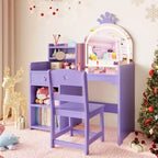 Set da toeletta 2-in-1 per bambini con specchio illuminato, tavolo e sedia da principessa, include libreria aperta, mobiletto e mensole per i più piccoli