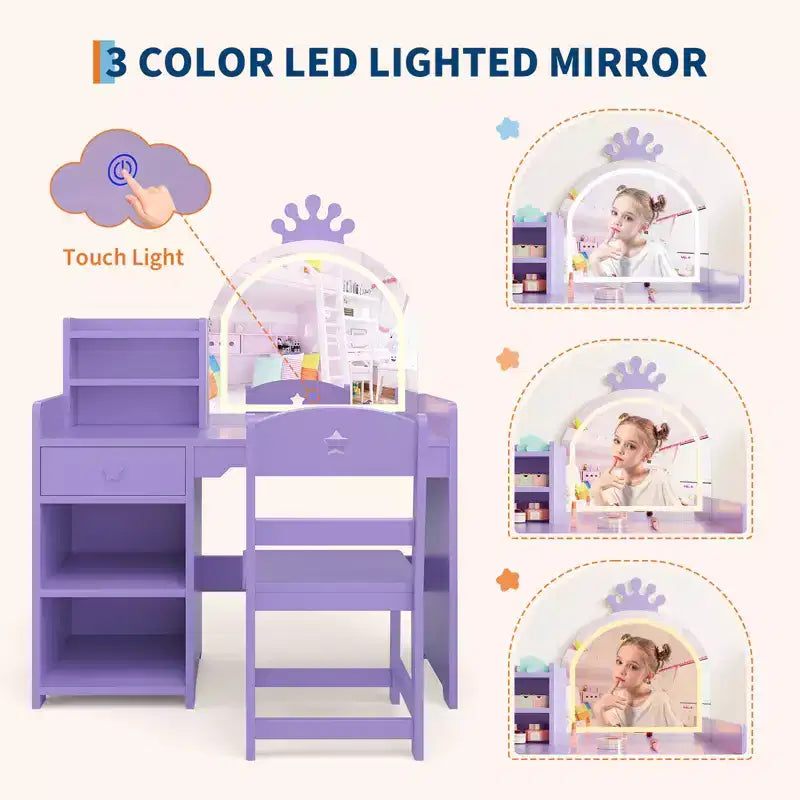 Set da toeletta 2-in-1 per bambini con specchio illuminato, tavolo e sedia da principessa, include libreria aperta, mobiletto e mensole per i più piccoli