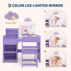 Set da toeletta 2-in-1 per bambini con specchio illuminato, tavolo e sedia da principessa, include libreria aperta, mobiletto e mensole per i più piccoli