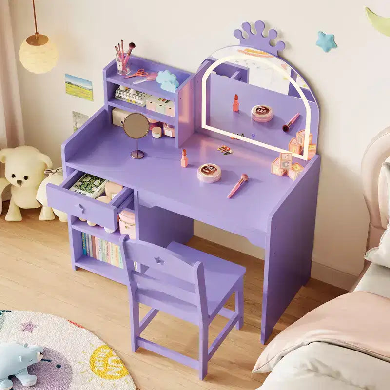 Set da toeletta 2-in-1 per bambini con specchio illuminato, tavolo e sedia da principessa, include libreria aperta, mobiletto e mensole per i più piccoli