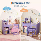 Set da toeletta 2-in-1 per bambini con specchio illuminato, tavolo e sedia da principessa, include libreria aperta, mobiletto e mensole per i più piccoli