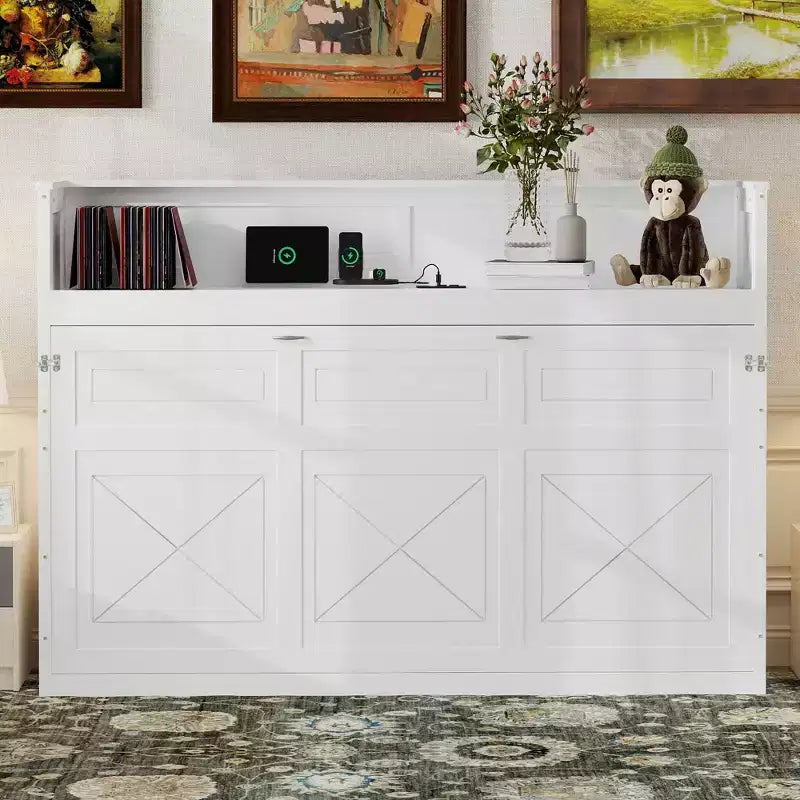 Letto a scomparsa Twin XL con mensole portaoggetti, letto a scomparsa pieghevole con scrivania, luce LED e stazione di ricarica USB