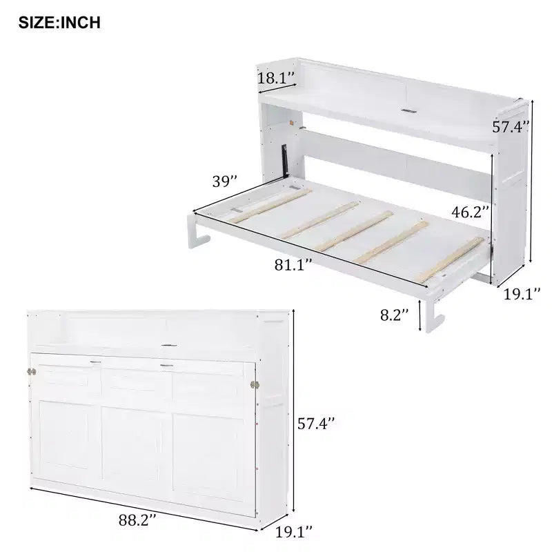 Letto a scomparsa Twin XL con mensole portaoggetti, letto a scomparsa pieghevole con scrivania, luce LED e stazione di ricarica USB