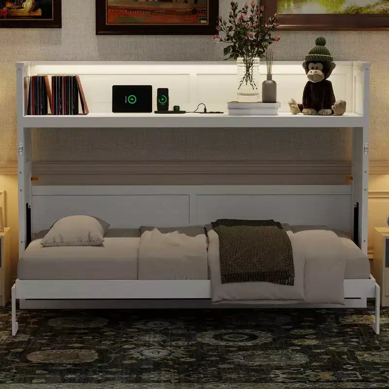 Letto a scomparsa Twin XL con mensole portaoggetti, letto a scomparsa pieghevole con scrivania, luce LED e stazione di ricarica USB