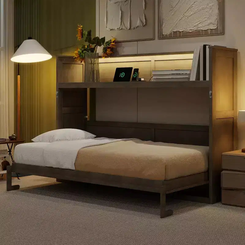 Letto a scomparsa Twin XL con mensole portaoggetti, letto a scomparsa pieghevole con scrivania, luce LED e stazione di ricarica USB
