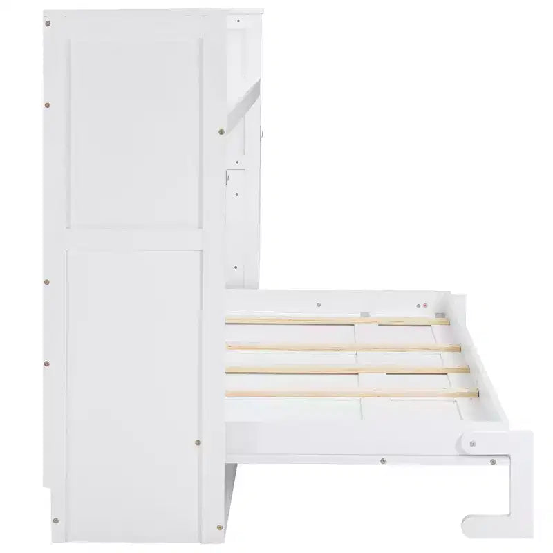 Letto a scomparsa Twin XL con mensole portaoggetti, letto a scomparsa pieghevole con scrivania, luce LED e stazione di ricarica USB