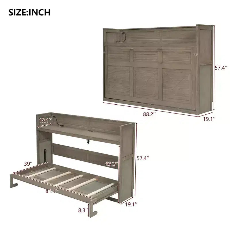 Letto a scomparsa Twin XL con mensole portaoggetti, letto a scomparsa pieghevole con scrivania, luce LED e stazione di ricarica USB
