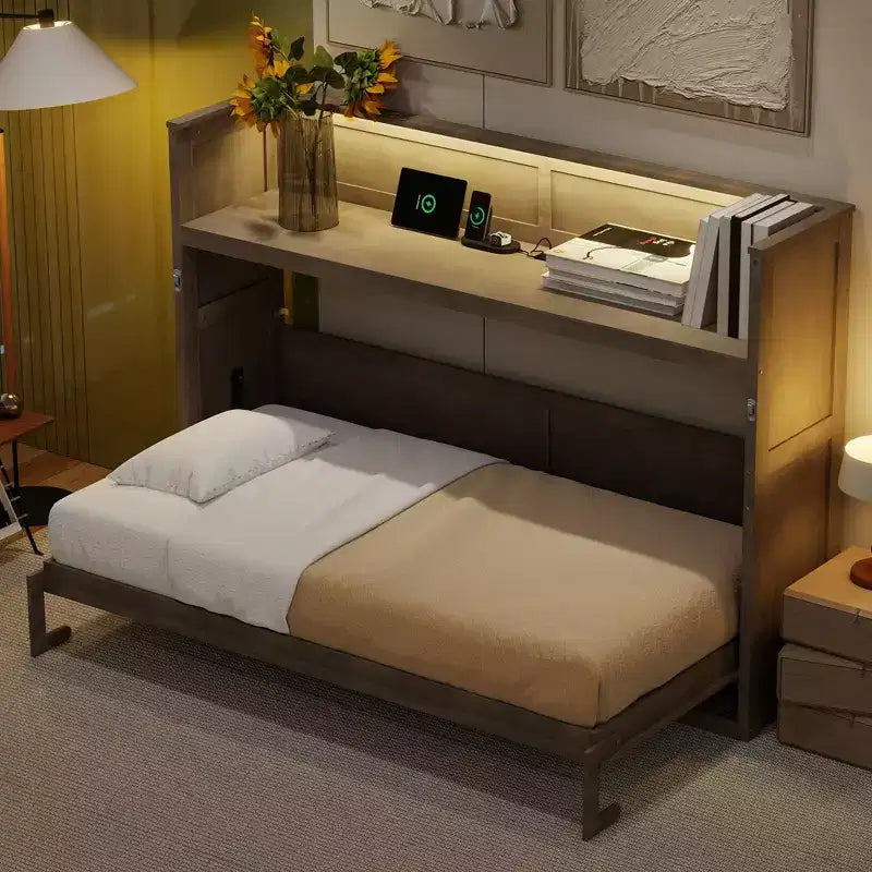 Letto a scomparsa Twin XL con mensole portaoggetti, letto a scomparsa pieghevole con scrivania, luce LED e stazione di ricarica USB