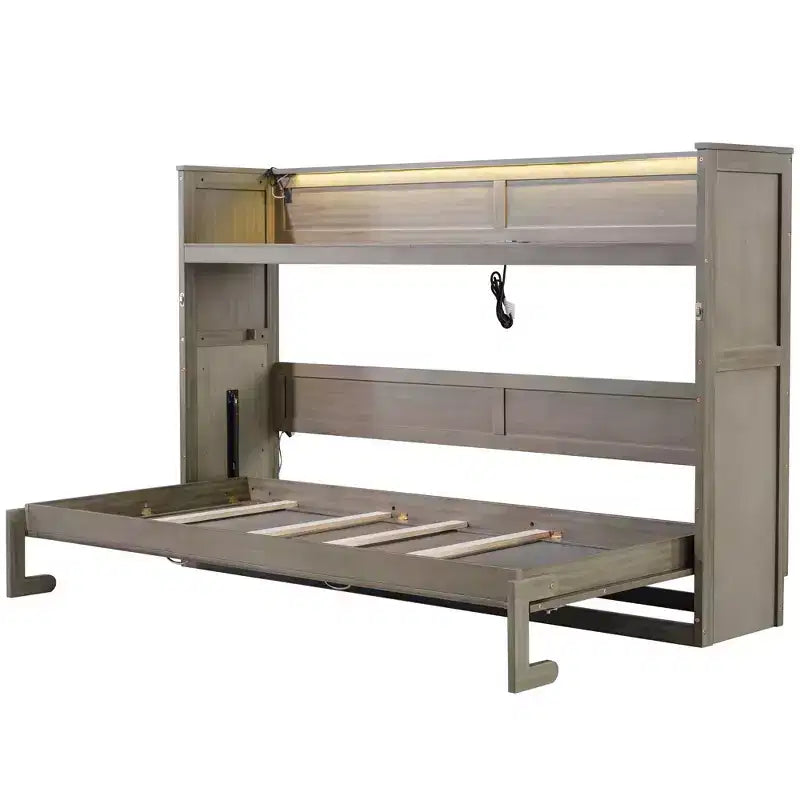 Letto a scomparsa Twin XL con mensole portaoggetti, letto a scomparsa pieghevole con scrivania, luce LED e stazione di ricarica USB