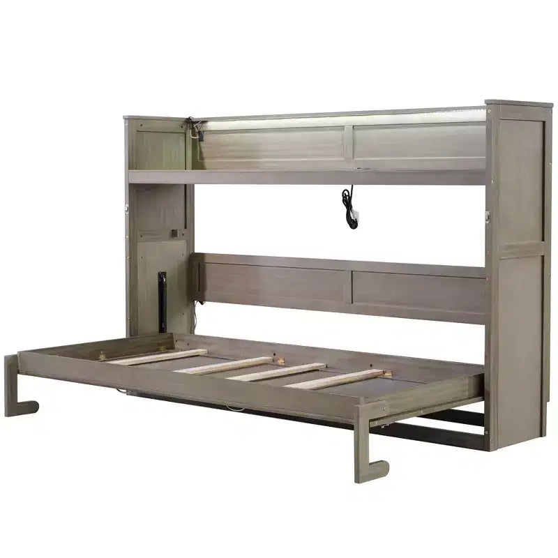 Letto a scomparsa Twin XL con mensole portaoggetti, letto a scomparsa pieghevole con scrivania, luce LED e stazione di ricarica USB