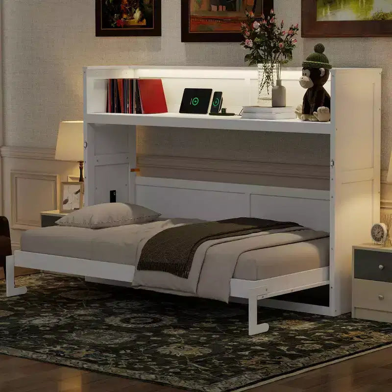 Letto a scomparsa Twin XL con mensole portaoggetti, letto a scomparsa pieghevole con scrivania, luce LED e stazione di ricarica USB