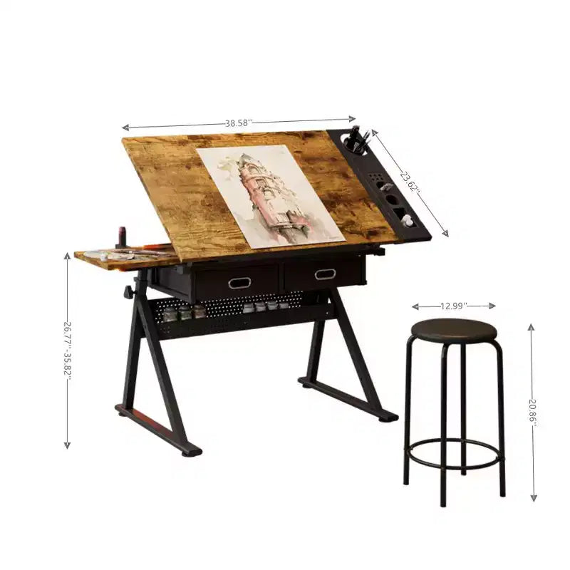 Tavolo da disegno/progetto in legno Okak regolabile con 2 cassetti e sgabello, scrivania da disegno/progetto per artisti