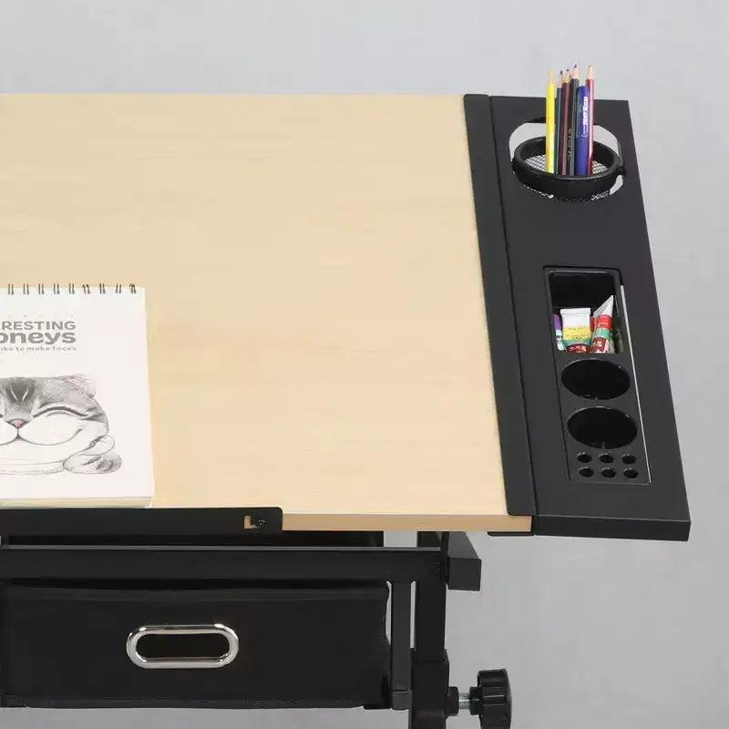 Tavolo da disegno/progetto in legno Okak regolabile con 2 cassetti e sgabello, scrivania da disegno/progetto per artisti