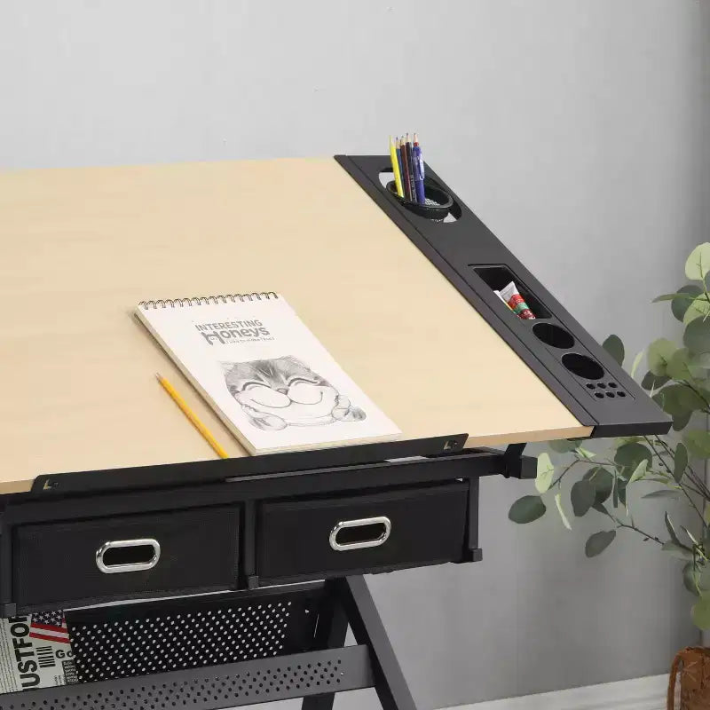 Tavolo da disegno/progetto in legno Okak regolabile con 2 cassetti e sgabello, scrivania da disegno/progetto per artisti