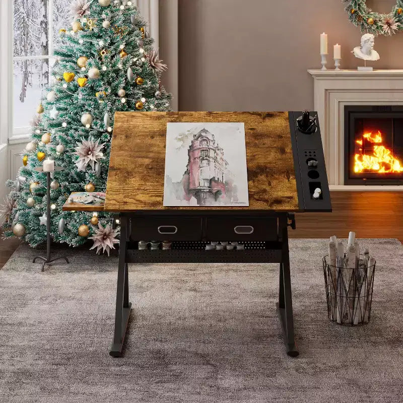 Tavolo da disegno/progetto in legno Okak regolabile con 2 cassetti e sgabello, scrivania da disegno/progetto per artisti