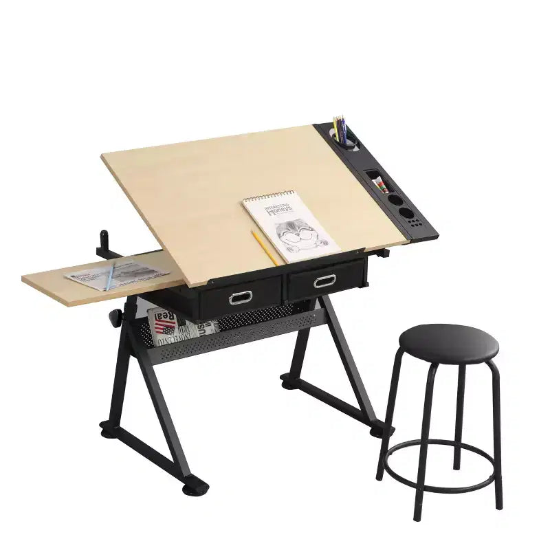 Okak Wooden Adjustable Drawing Drafting Table with 2 Drawers & Stool,Drawing Drafting Desk for Artist