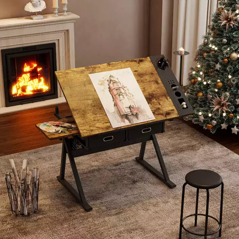 Tavolo da disegno/progetto in legno Okak regolabile con 2 cassetti e sgabello, scrivania da disegno/progetto per artisti