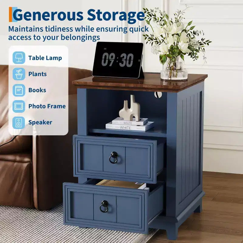 GustoWave Comodino da fattoria con 2 cassetti, tavolino da notte in legno, tavolino compatto per camera da letto e soggiorno, blu