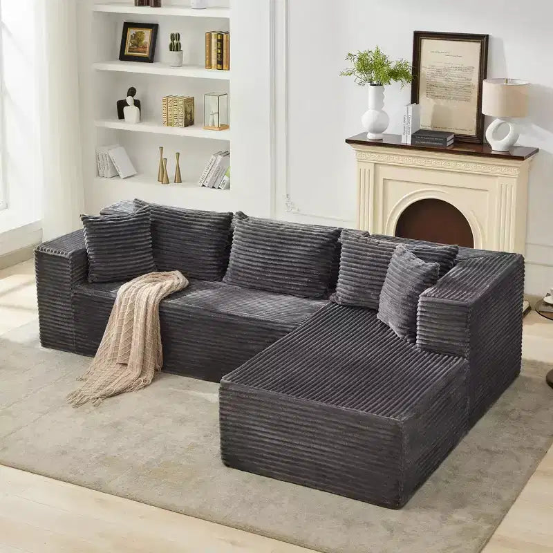 Divano componibile a L Garvee 106, divano modulare moderno con chaise longue, morbido tessuto in velluto a coste per soggiorno