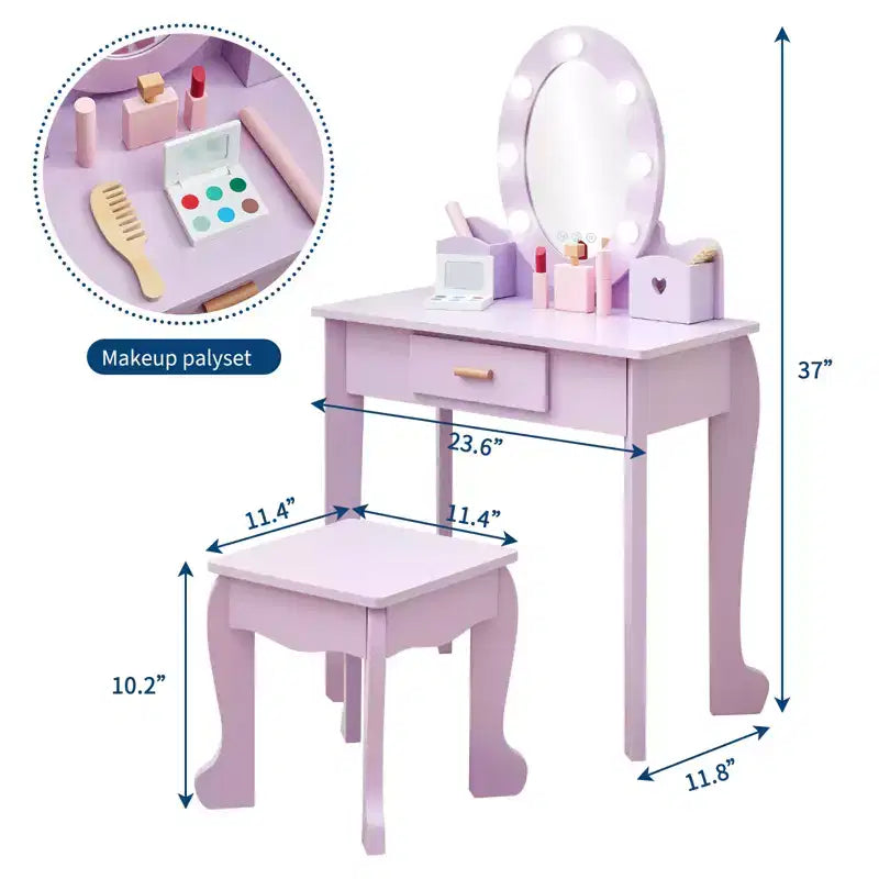 Toeletta per Bambini, Set Tavolo e Sedia da Toilette per Bambine con Specchio, Tavolino da Trucco per Bambini con Set da Gioco in Legno per Trucco, per Camera da Letto, Sala Giochi