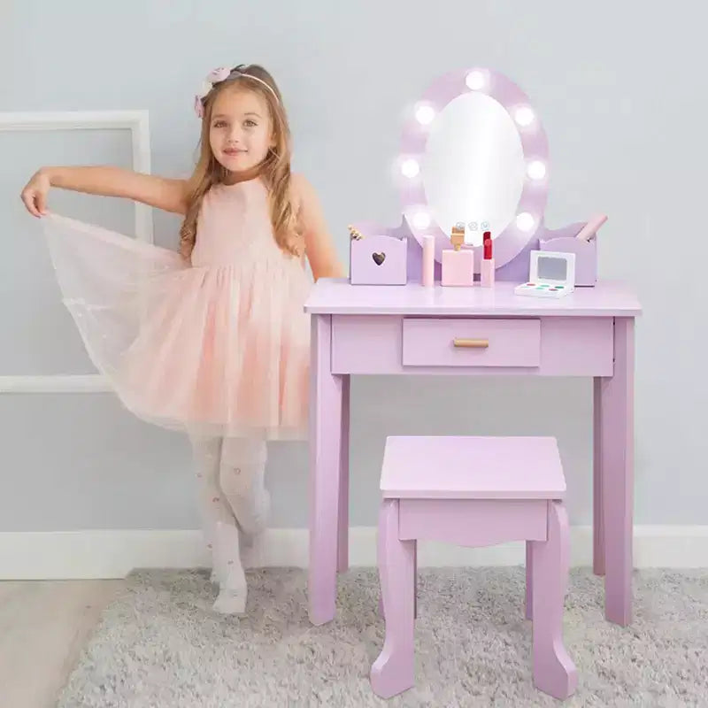 Toeletta per Bambini, Set Tavolo e Sedia da Toilette per Bambine con Specchio, Tavolino da Trucco per Bambini con Set da Gioco in Legno per Trucco, per Camera da Letto, Sala Giochi