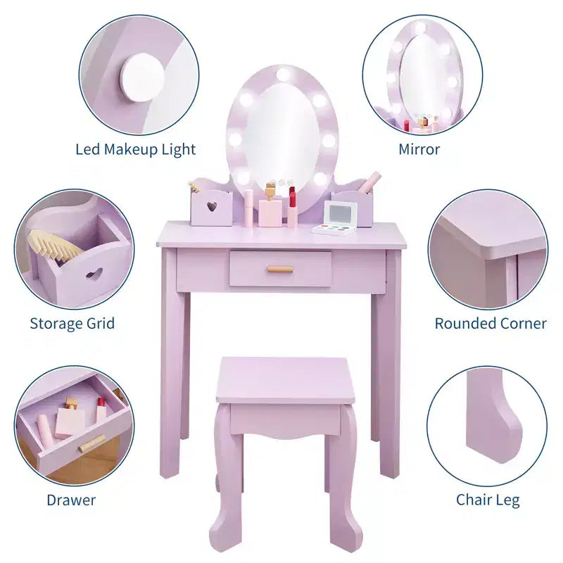Toeletta per Bambini, Set Tavolo e Sedia da Toilette per Bambine con Specchio, Tavolino da Trucco per Bambini con Set da Gioco in Legno per Trucco, per Camera da Letto, Sala Giochi