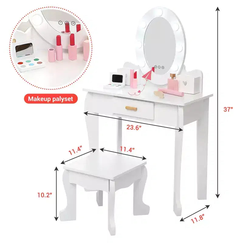 Toeletta per Bambini, Set Tavolo e Sedia da Toilette per Bambine con Specchio, Tavolino da Trucco per Bambini con Set da Gioco in Legno per Trucco, per Camera da Letto, Sala Giochi