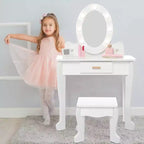Toeletta per Bambini, Set Tavolo e Sedia da Toilette per Bambine con Specchio, Tavolino da Trucco per Bambini con Set da Gioco in Legno per Trucco, per Camera da Letto, Sala Giochi