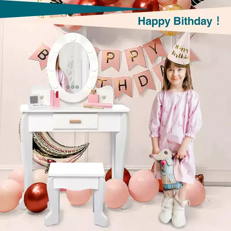 Toeletta per Bambini, Set Tavolo e Sedia da Toilette per Bambine con Specchio, Tavolino da Trucco per Bambini con Set da Gioco in Legno per Trucco, per Camera da Letto, Sala Giochi