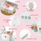 Toeletta per Bambini, Set Tavolo e Sedia da Toilette per Bambine con Specchio, Tavolino da Trucco per Bambini con Set da Gioco in Legno per Trucco, per Camera da Letto, Sala Giochi