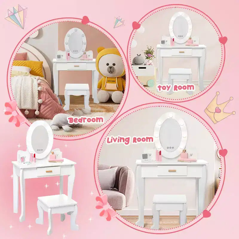 Toeletta per Bambini, Set Tavolo e Sedia da Toilette per Bambine con Specchio, Tavolino da Trucco per Bambini con Set da Gioco in Legno per Trucco, per Camera da Letto, Sala Giochi
