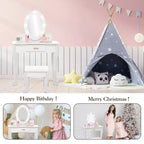 Toeletta per Bambini, Set Tavolo e Sedia da Toilette per Bambine con Specchio, Tavolino da Trucco per Bambini con Set da Gioco in Legno per Trucco, per Camera da Letto, Sala Giochi