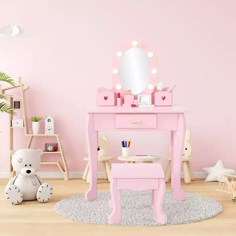 Toeletta per Bambini, Set Tavolo e Sedia da Toilette per Bambine con Specchio, Tavolino da Trucco per Bambini con Set da Gioco in Legno per Trucco, per Camera da Letto, Sala Giochi