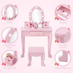 Toeletta per Bambini, Set Tavolo e Sedia da Toilette per Bambine con Specchio, Tavolino da Trucco per Bambini con Set da Gioco in Legno per Trucco, per Camera da Letto, Sala Giochi