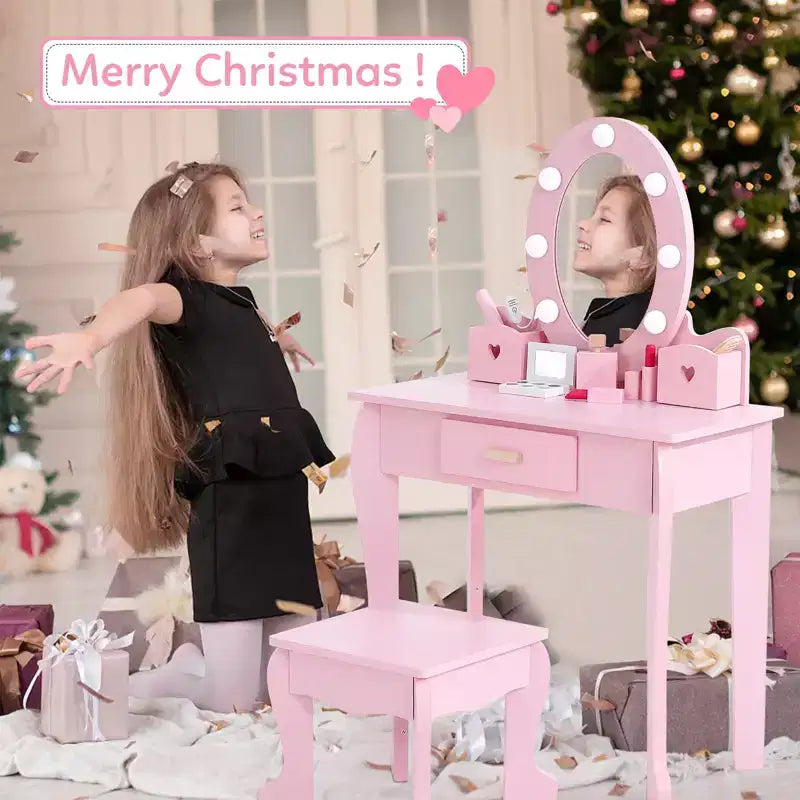 Toeletta per Bambini, Set Tavolo e Sedia da Toilette per Bambine con Specchio, Tavolino da Trucco per Bambini con Set da Gioco in Legno per Trucco, per Camera da Letto, Sala Giochi